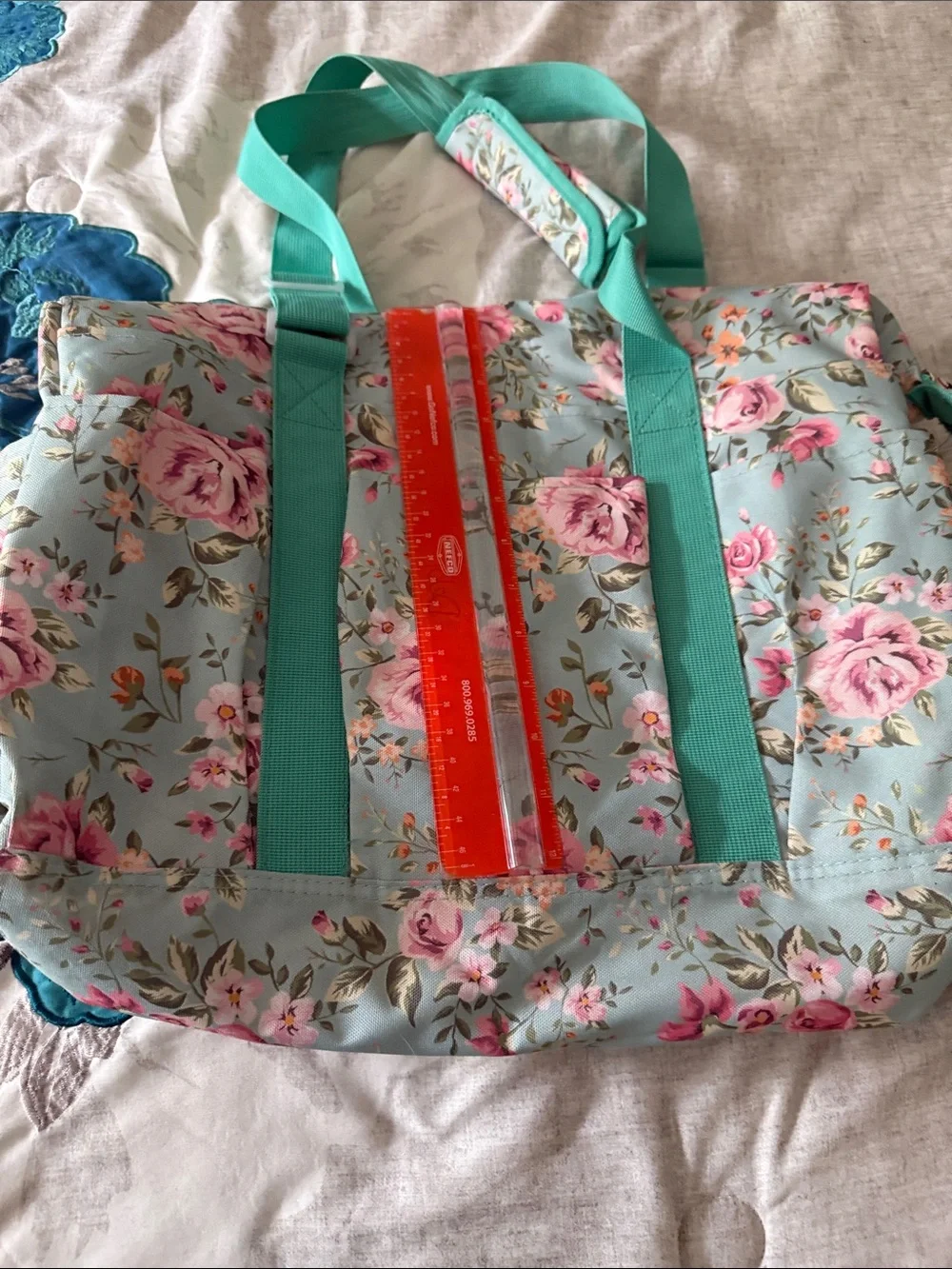 Shylero Floral Notebook Tote Bag in Aqua with Pink Roses